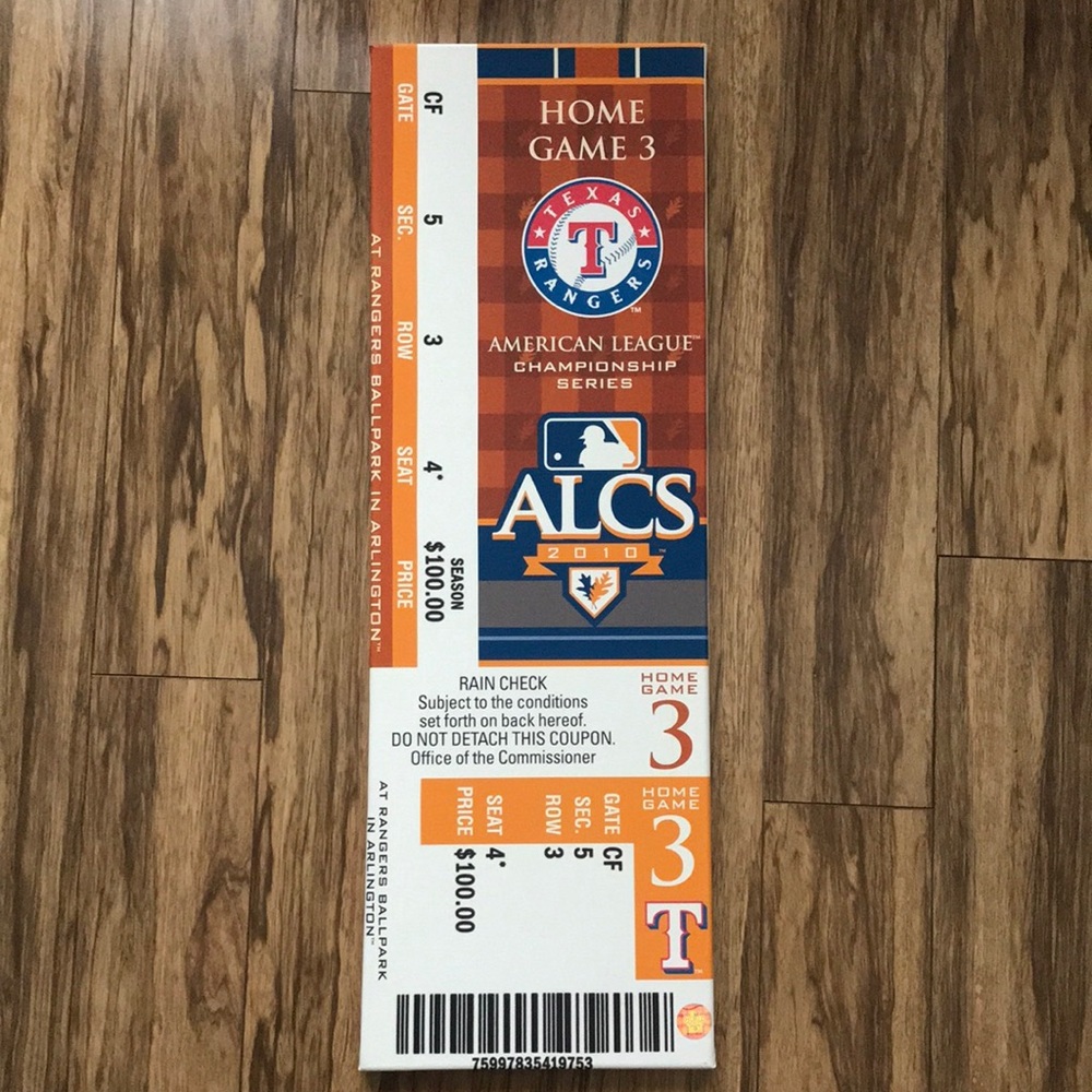 Mega Ticket- Texas Rangers 2010 World Series hologram Home Game 3 canvas  frame